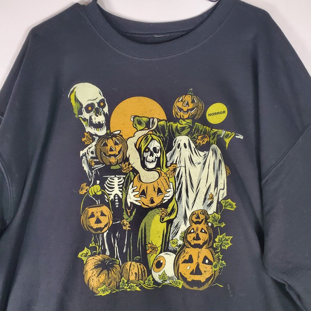 Halloween Horror Graphic Sweatshirt Black Skeleton Ghost Pumpkin Pullover